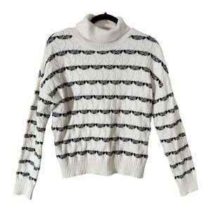 Joie Alpine Striped Cable Knit Turtleneck Cream Black Cozy Sweater Size Medium